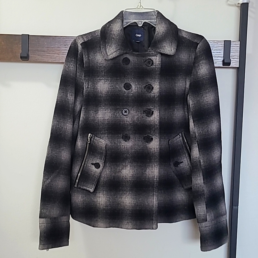 GAP BLACK GRAY PLAID WOOL DOUBLE BREASTED TRAPEZE SWING COAT JACKET SIZE S